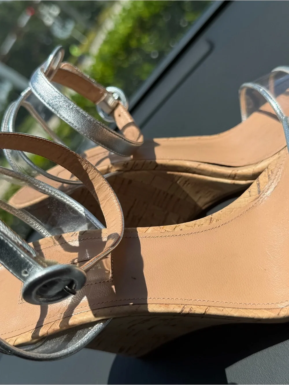 Aquazzura Silver and Nude Cork Wedge Sandals